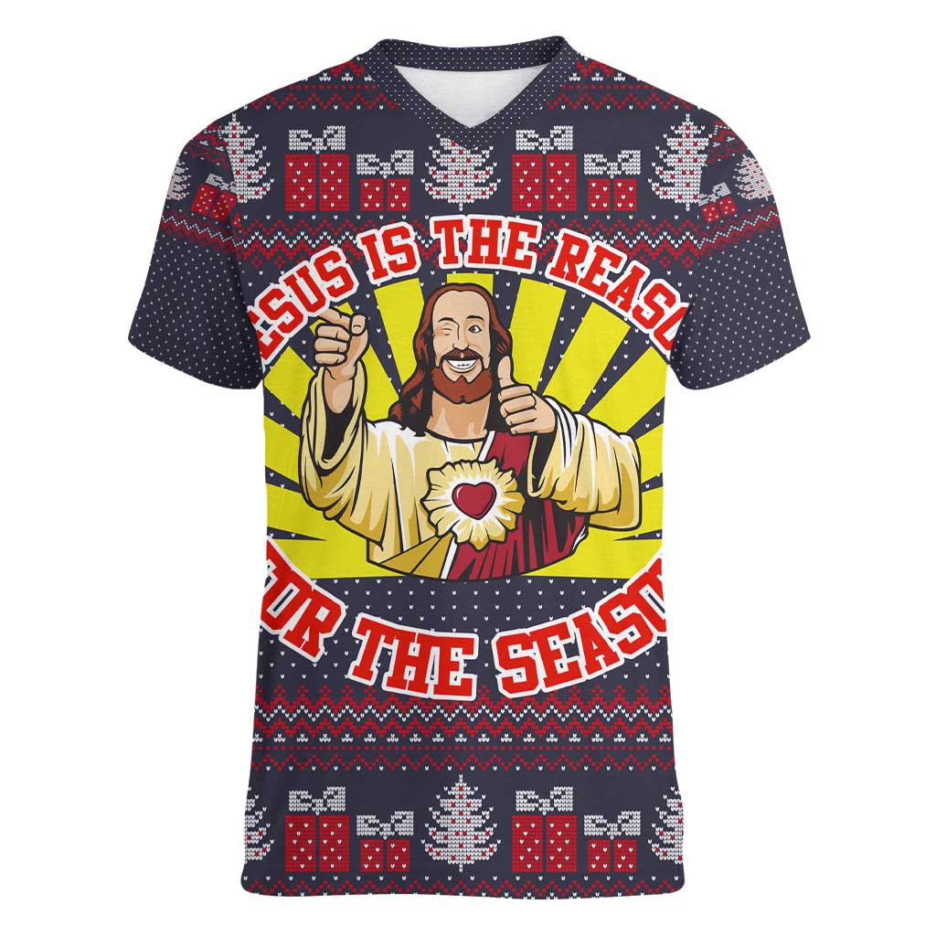 Jesus Is The Reason For The Season Christmas Women V-Neck T-Shirt Funny Xmas Holiday Patterns - Wonder Print Shop
