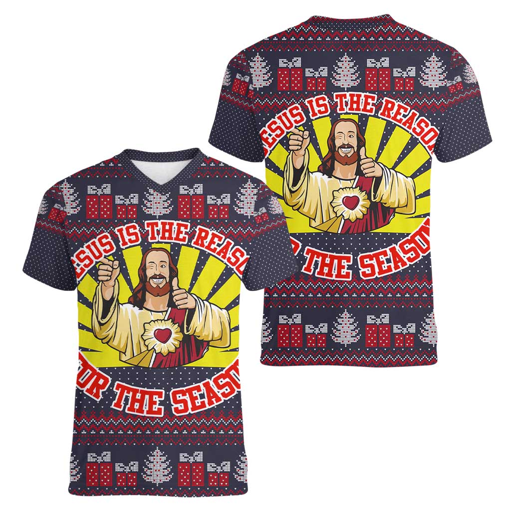 Jesus Is The Reason For The Season Christmas Women V-Neck T-Shirt Funny Xmas Holiday Patterns - Wonder Print Shop