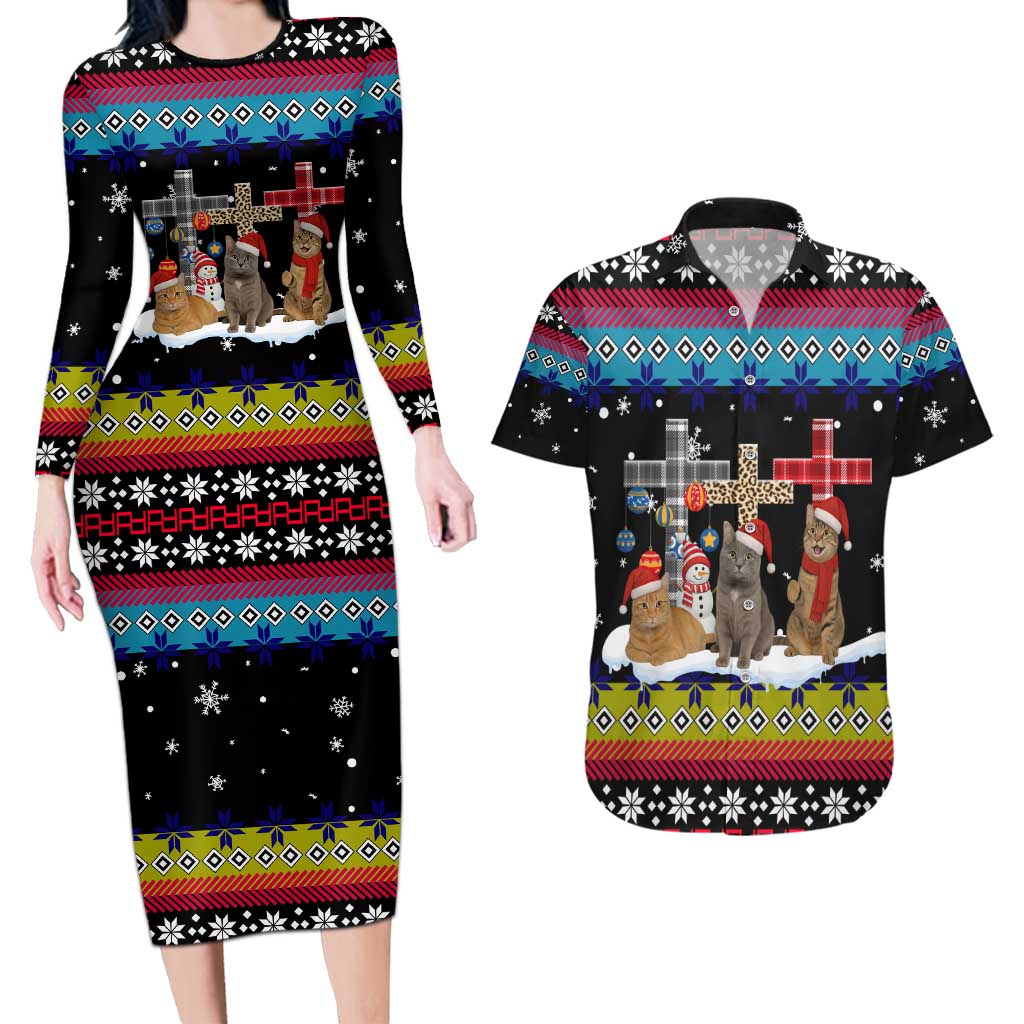 Jesus Is The Reason For The Season Christmas Couples Matching Long Sleeve Bodycon Dress and Hawaiian Shirt Funny Xmas Holiday Patterns - Wonder Print Shop