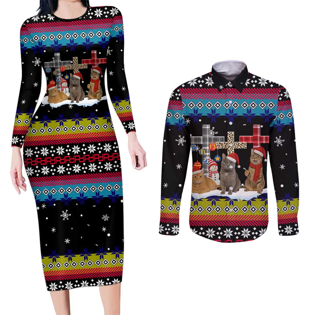 Jesus Is The Reason For The Season Christmas Couples Matching Long Sleeve Bodycon Dress and Long Sleeve Button Shirt Funny Xmas Holiday Patterns - Wonder Print Shop