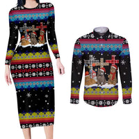 Jesus Is The Reason For The Season Christmas Couples Matching Long Sleeve Bodycon Dress and Long Sleeve Button Shirt Funny Xmas Holiday Patterns - Wonder Print Shop
