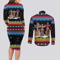 Jesus Is The Reason For The Season Christmas Couples Matching Long Sleeve Bodycon Dress and Long Sleeve Button Shirt Funny Xmas Holiday Patterns - Wonder Print Shop