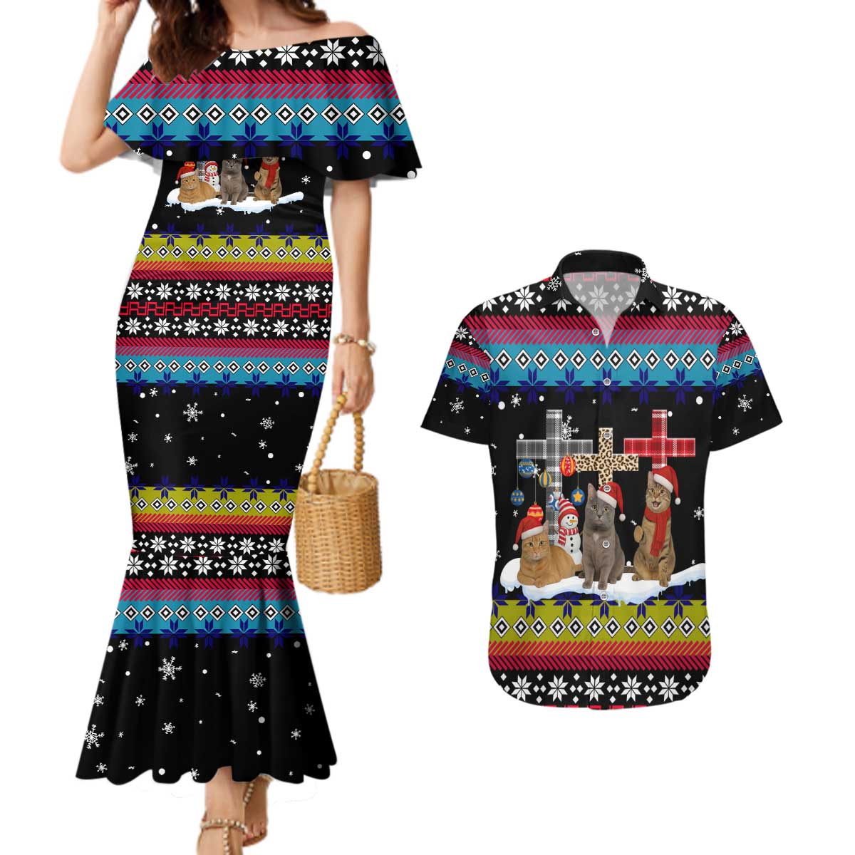 Jesus Is The Reason For The Season Christmas Couples Matching Mermaid Dress and Hawaiian Shirt Funny Xmas Holiday Patterns - Wonder Print Shop
