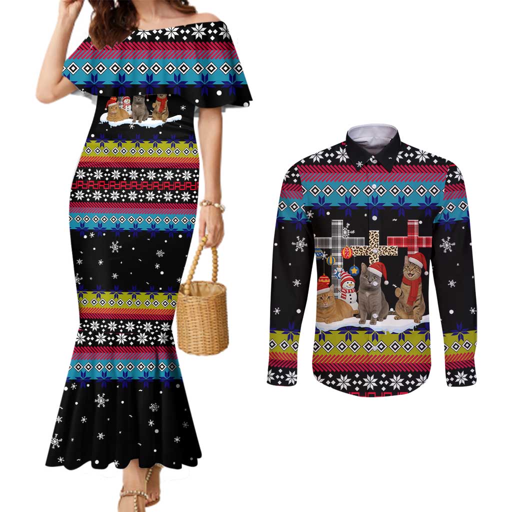 Jesus Is The Reason For The Season Christmas Couples Matching Mermaid Dress and Long Sleeve Button Shirt Funny Xmas Holiday Patterns - Wonder Print Shop