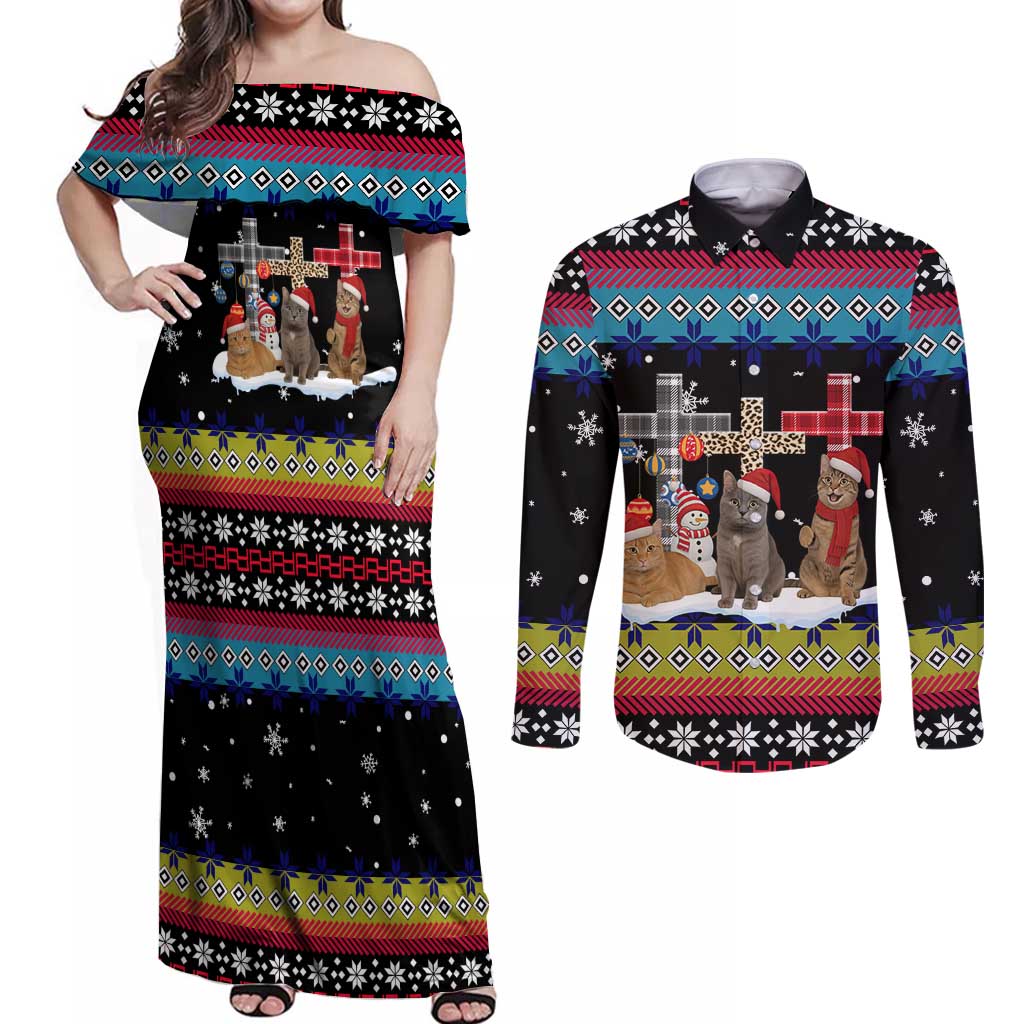 Jesus Is The Reason For The Season Christmas Couples Matching Off Shoulder Maxi Dress and Long Sleeve Button Shirt Funny Xmas Holiday Patterns - Wonder Print Shop