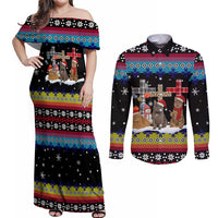 Jesus Is The Reason For The Season Christmas Couples Matching Off Shoulder Maxi Dress and Long Sleeve Button Shirt Funny Xmas Holiday Patterns - Wonder Print Shop