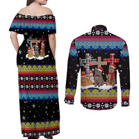 Jesus Is The Reason For The Season Christmas Couples Matching Off Shoulder Maxi Dress and Long Sleeve Button Shirt Funny Xmas Holiday Patterns - Wonder Print Shop