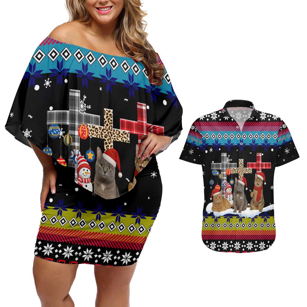 Jesus Is The Reason For The Season Christmas Couples Matching Off Shoulder Short Dress and Hawaiian Shirt Funny Xmas Holiday Patterns - Wonder Print Shop