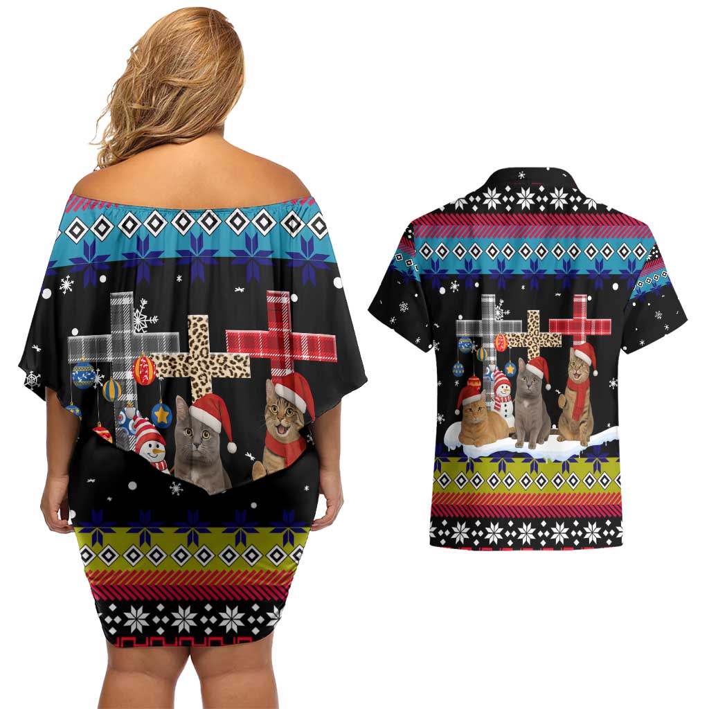 Jesus Is The Reason For The Season Christmas Couples Matching Off Shoulder Short Dress and Hawaiian Shirt Funny Xmas Holiday Patterns - Wonder Print Shop