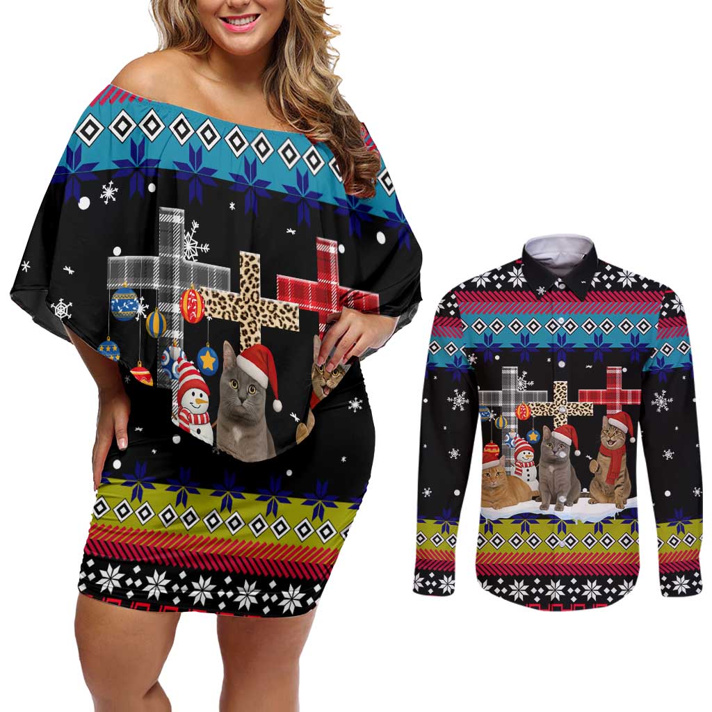 Jesus Is The Reason For The Season Christmas Couples Matching Off Shoulder Short Dress and Long Sleeve Button Shirt Funny Xmas Holiday Patterns - Wonder Print Shop