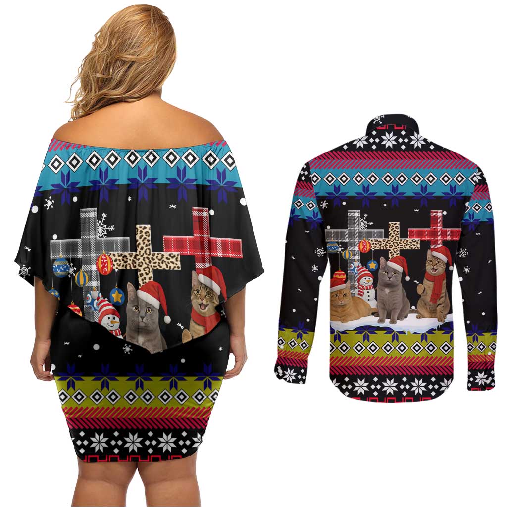 Jesus Is The Reason For The Season Christmas Couples Matching Off Shoulder Short Dress and Long Sleeve Button Shirt Funny Xmas Holiday Patterns - Wonder Print Shop