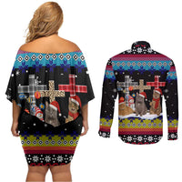 Jesus Is The Reason For The Season Christmas Couples Matching Off Shoulder Short Dress and Long Sleeve Button Shirt Funny Xmas Holiday Patterns - Wonder Print Shop