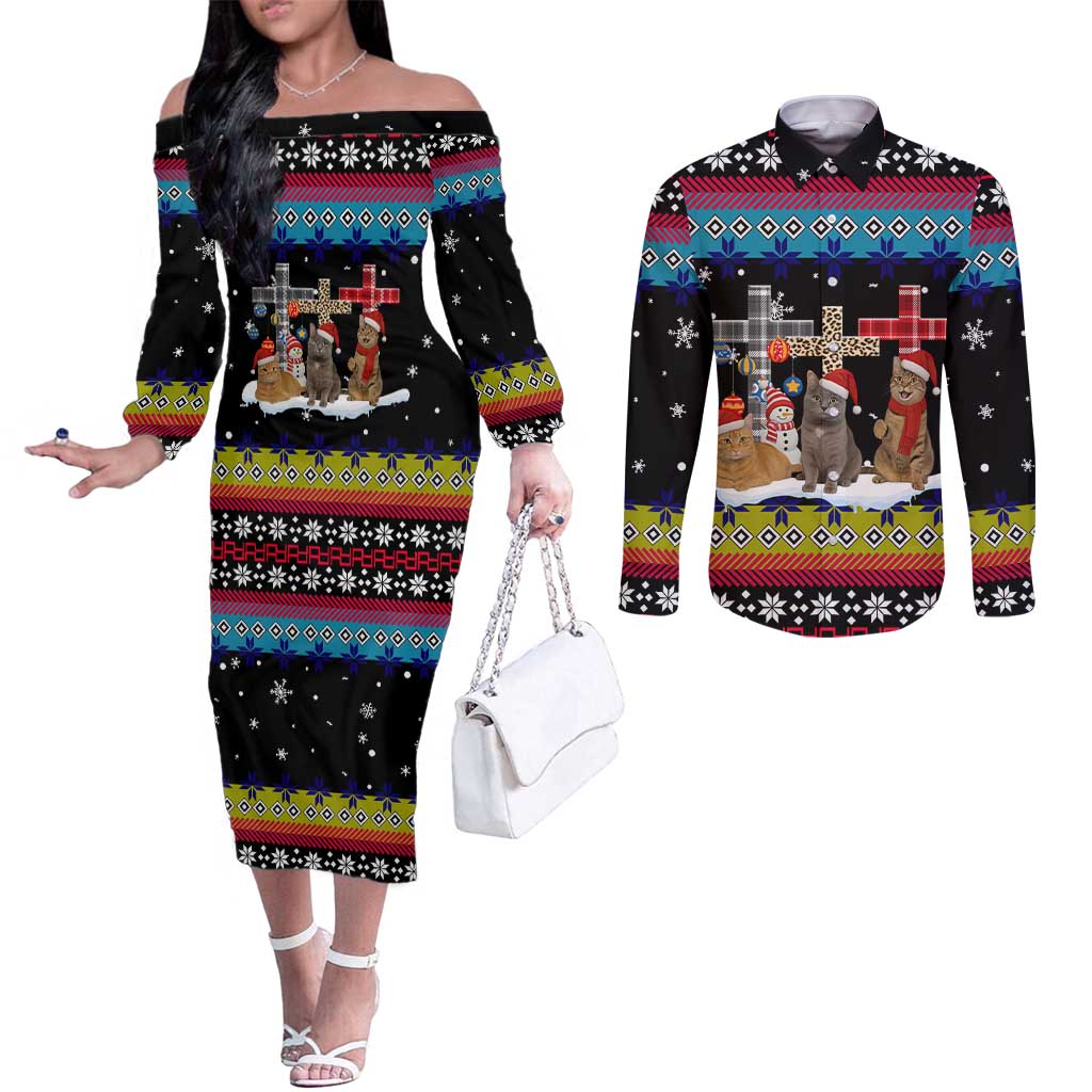 Jesus Is The Reason For The Season Christmas Couples Matching Off The Shoulder Long Sleeve Dress and Long Sleeve Button Shirt Funny Xmas Holiday Patterns - Wonder Print Shop
