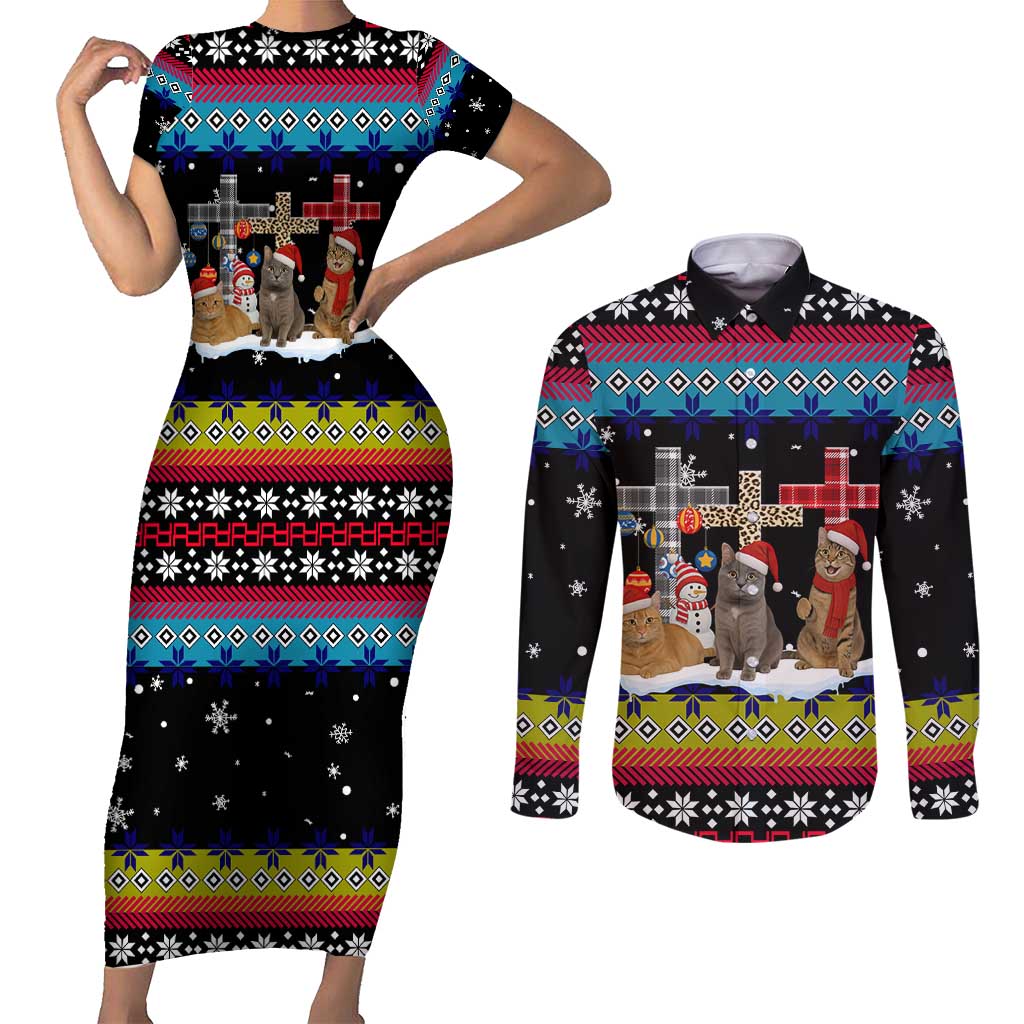 Jesus Is The Reason For The Season Christmas Couples Matching Short Sleeve Bodycon Dress and Long Sleeve Button Shirt Funny Xmas Holiday Patterns - Wonder Print Shop