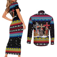 Jesus Is The Reason For The Season Christmas Couples Matching Short Sleeve Bodycon Dress and Long Sleeve Button Shirt Funny Xmas Holiday Patterns - Wonder Print Shop