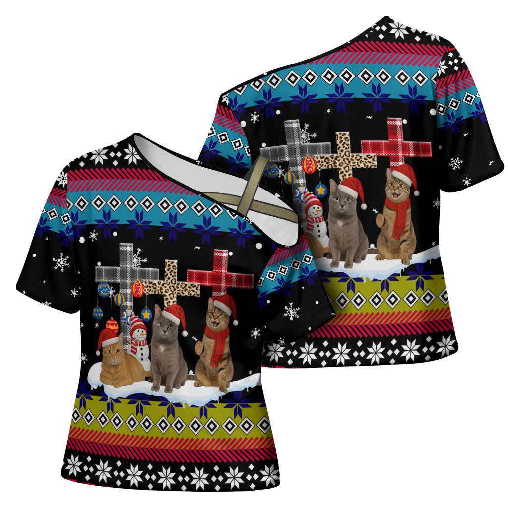 Jesus Is The Reason For The Season Christmas Cross Shoulder Shirt Funny Xmas Holiday Patterns - Wonder Print Shop