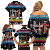 Jesus Is The Reason For The Season Christmas Family Matching Off Shoulder Short Dress and Hawaiian Shirt Funny Xmas Holiday Patterns - Wonder Print Shop