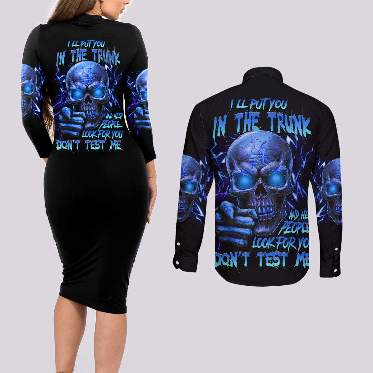 I'll Put You In The Trunk Couples Matching Long Sleeve Bodycon Dress and Long Sleeve Button Shirt - Wonder Print Shop