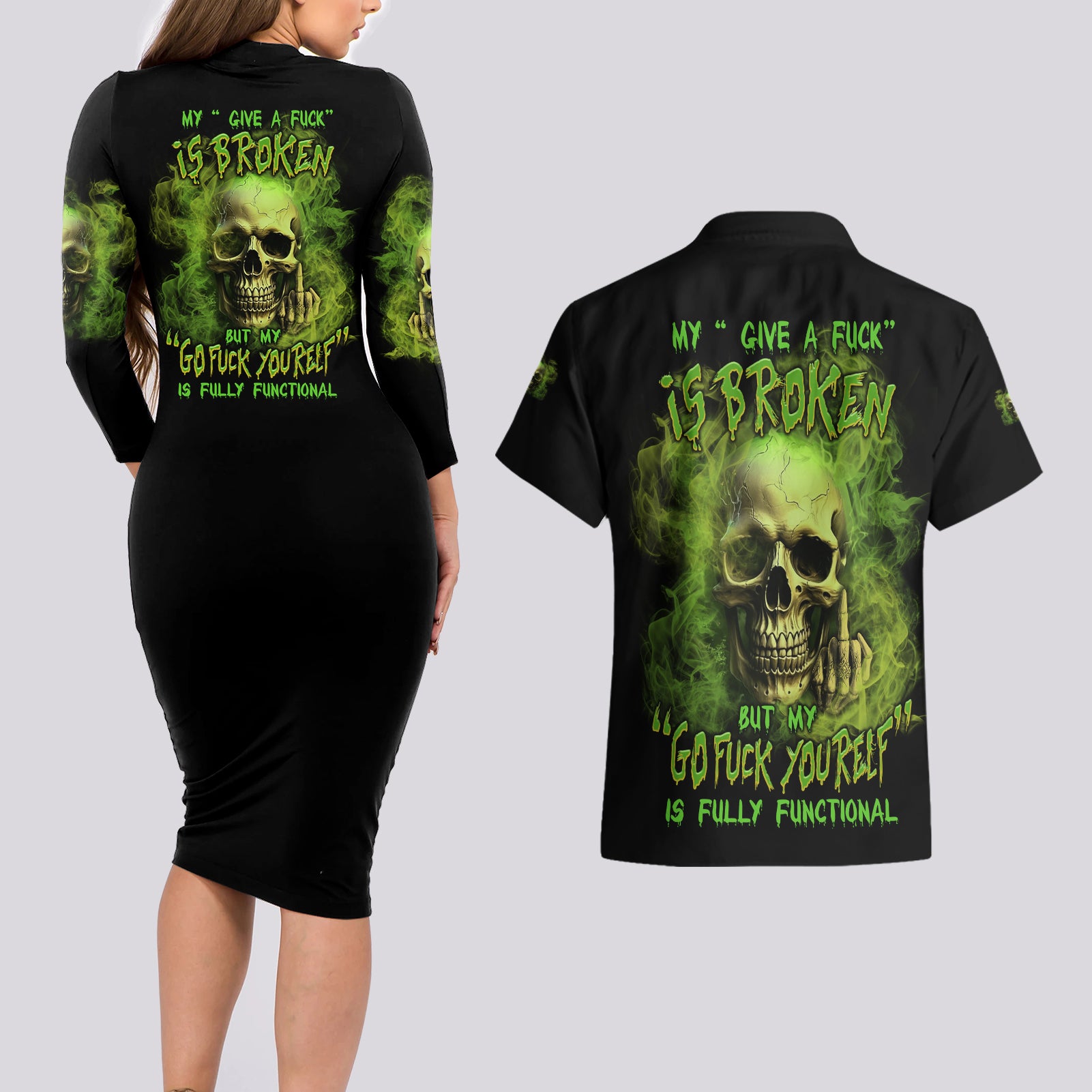 My Give A F Skull Is Broken Couples Matching Long Sleeve Bodycon Dress and Hawaiian Shirt - Wonder Print Shop