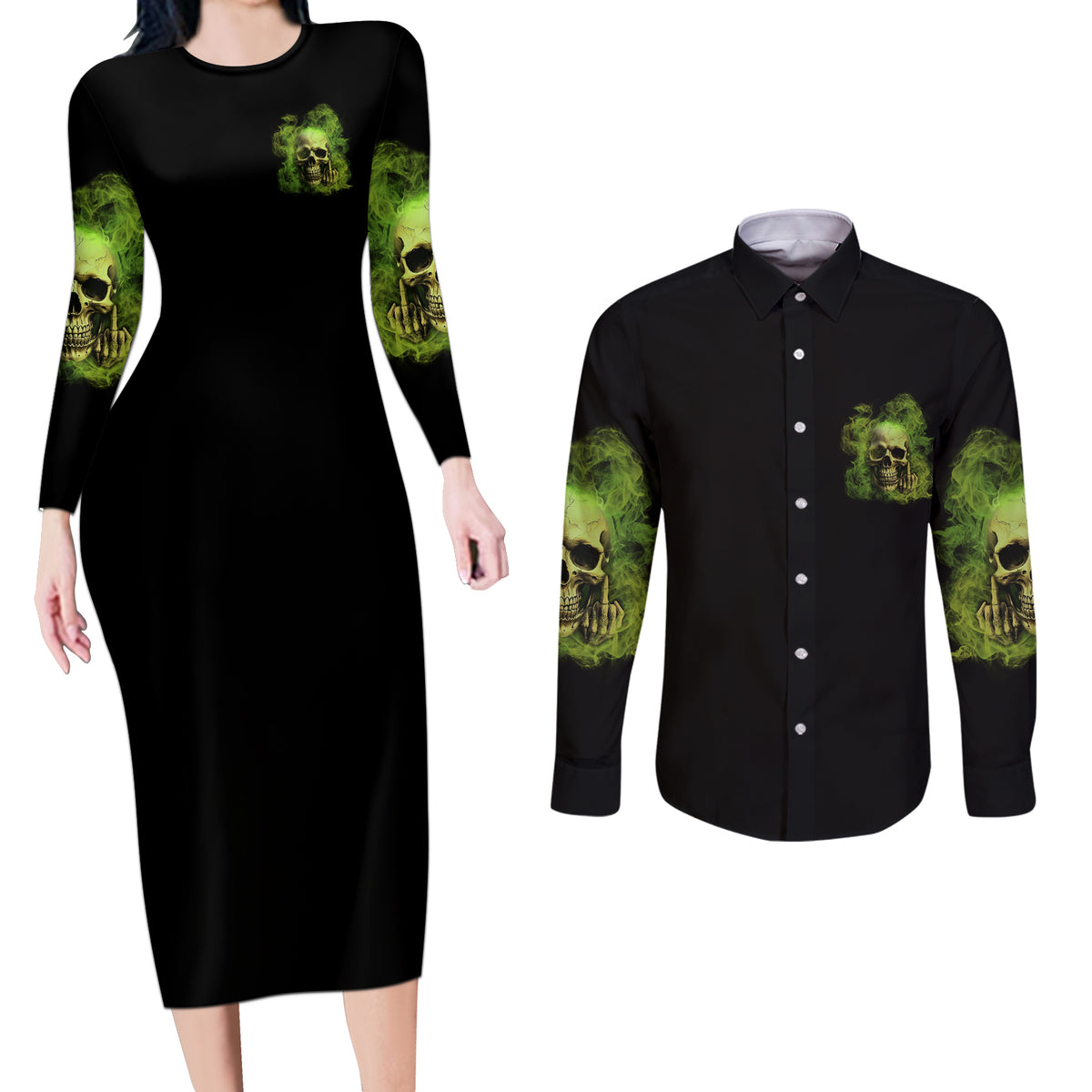My Give A F Skull Is Broken Couples Matching Long Sleeve Bodycon Dress and Long Sleeve Button Shirt - Wonder Print Shop