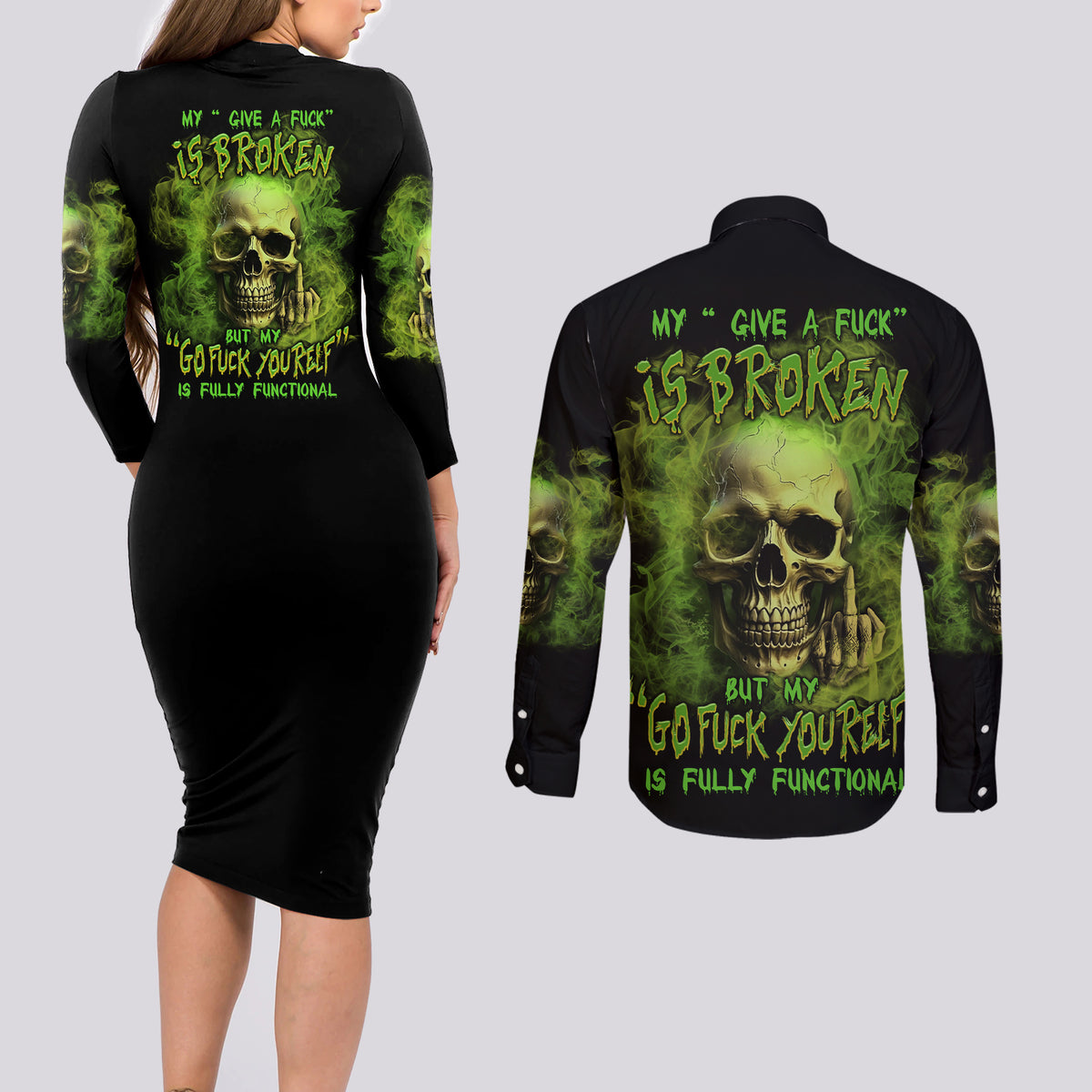 My Give A F Skull Is Broken Couples Matching Long Sleeve Bodycon Dress and Long Sleeve Button Shirt - Wonder Print Shop