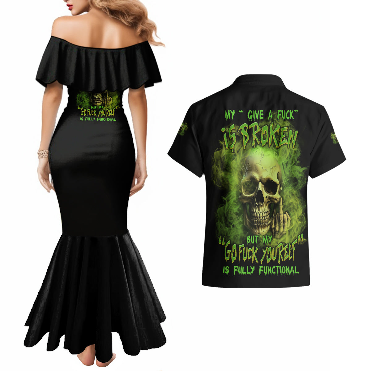 My Give A F Skull Is Broken Couples Matching Mermaid Dress and Hawaiian Shirt - Wonder Print Shop