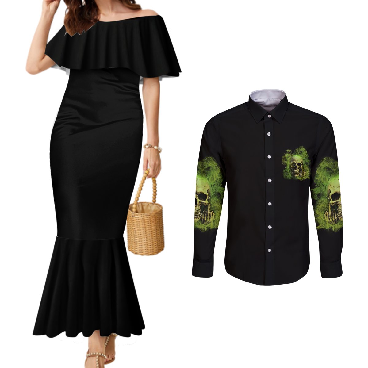 my-give-a-f-skull-is-broken-couples-matching-mermaid-dress-and-long-sleeve-button-shirt
