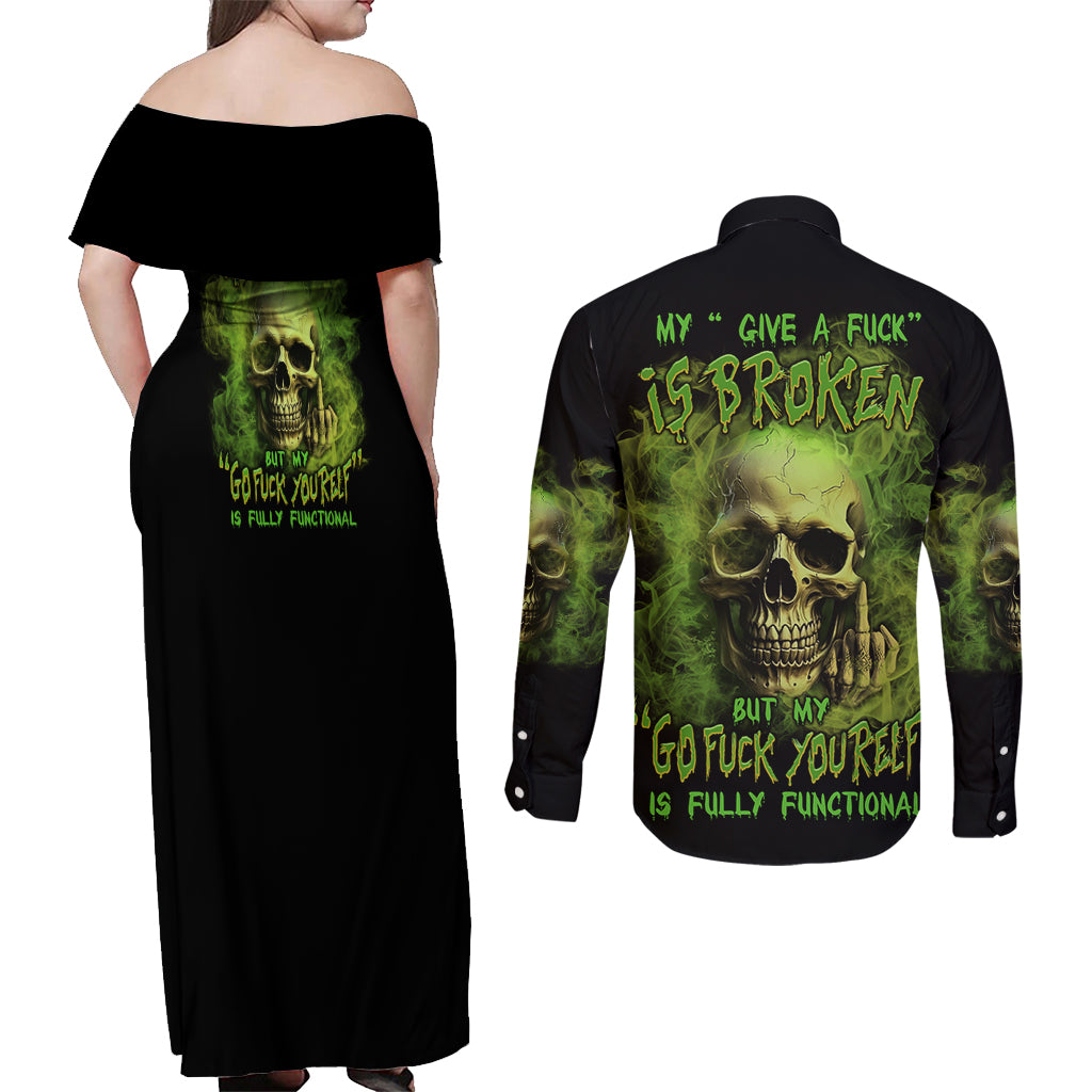 My Give A F Skull Is Broken Couples Matching Off Shoulder Maxi Dress and Long Sleeve Button Shirt - Wonder Print Shop