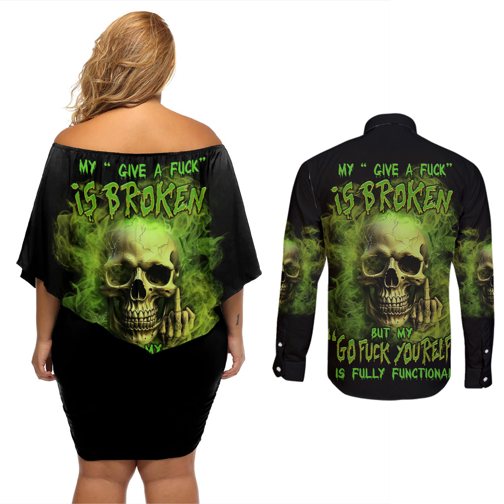 My Give A F Skull Is Broken Couples Matching Off Shoulder Short Dress and Long Sleeve Button Shirt - Wonder Print Shop