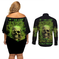 My Give A F Skull Is Broken Couples Matching Off Shoulder Short Dress and Long Sleeve Button Shirt - Wonder Print Shop