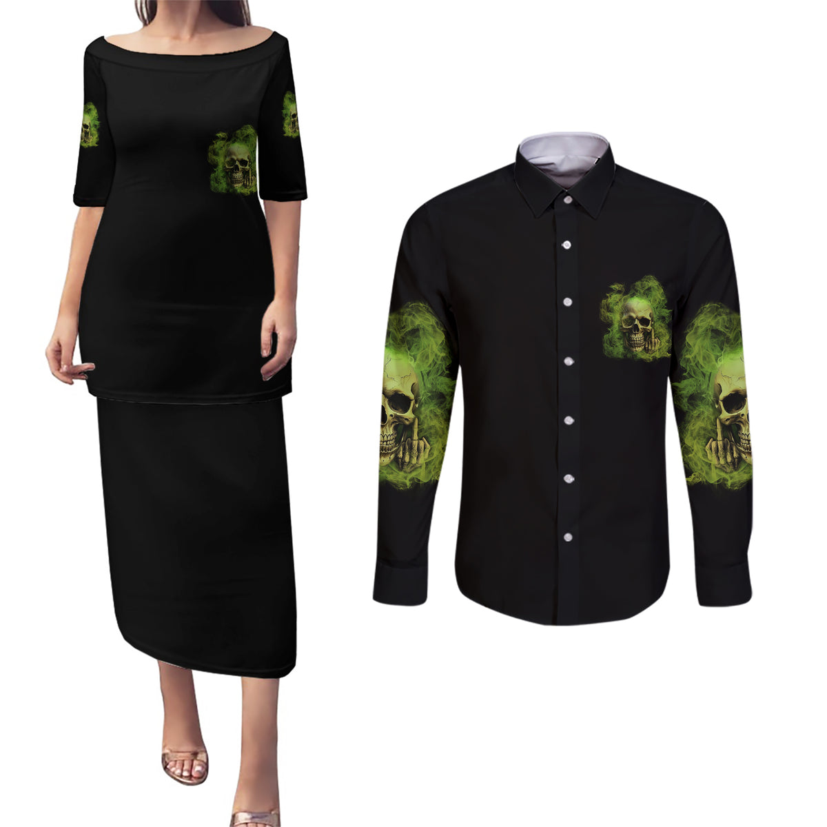 My Give A F Skull Is Broken Couples Matching Puletasi Dress and Long Sleeve Button Shirt - Wonder Print Shop