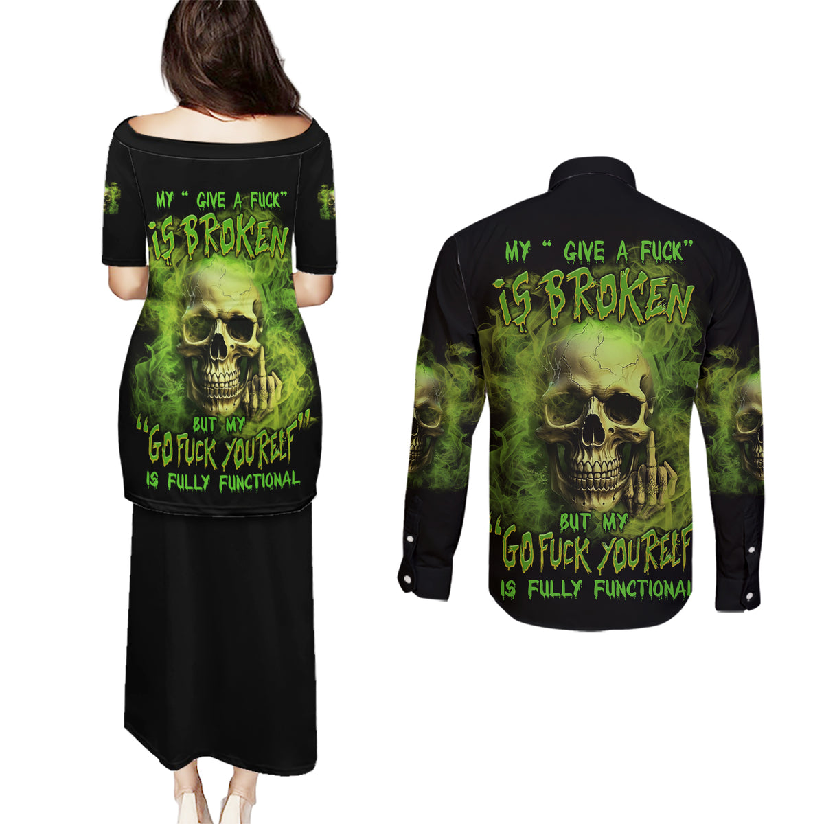 My Give A F Skull Is Broken Couples Matching Puletasi Dress and Long Sleeve Button Shirt - Wonder Print Shop