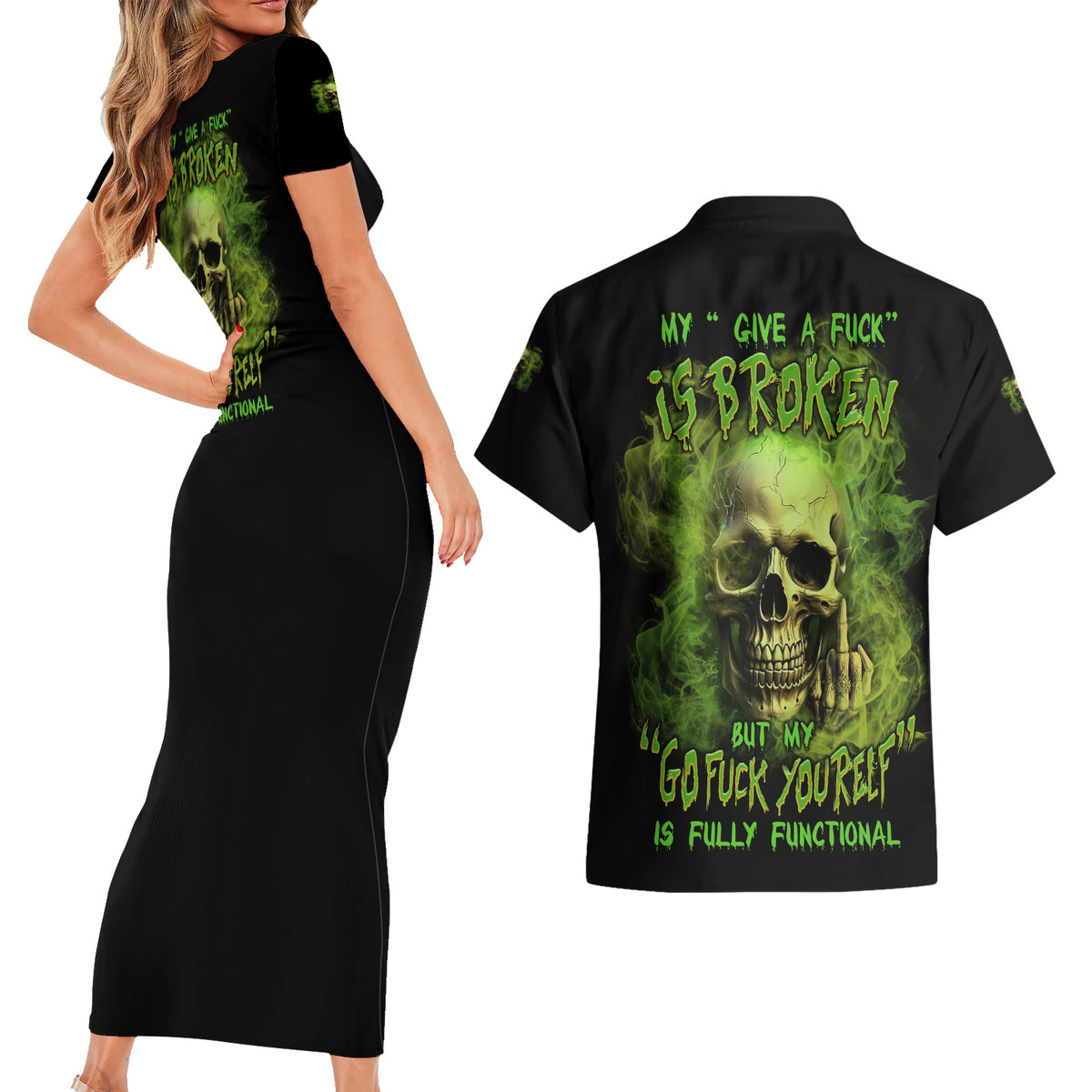 My Give A F Skull Is Broken Couples Matching Short Sleeve Bodycon Dress and Hawaiian Shirt - Wonder Print Shop
