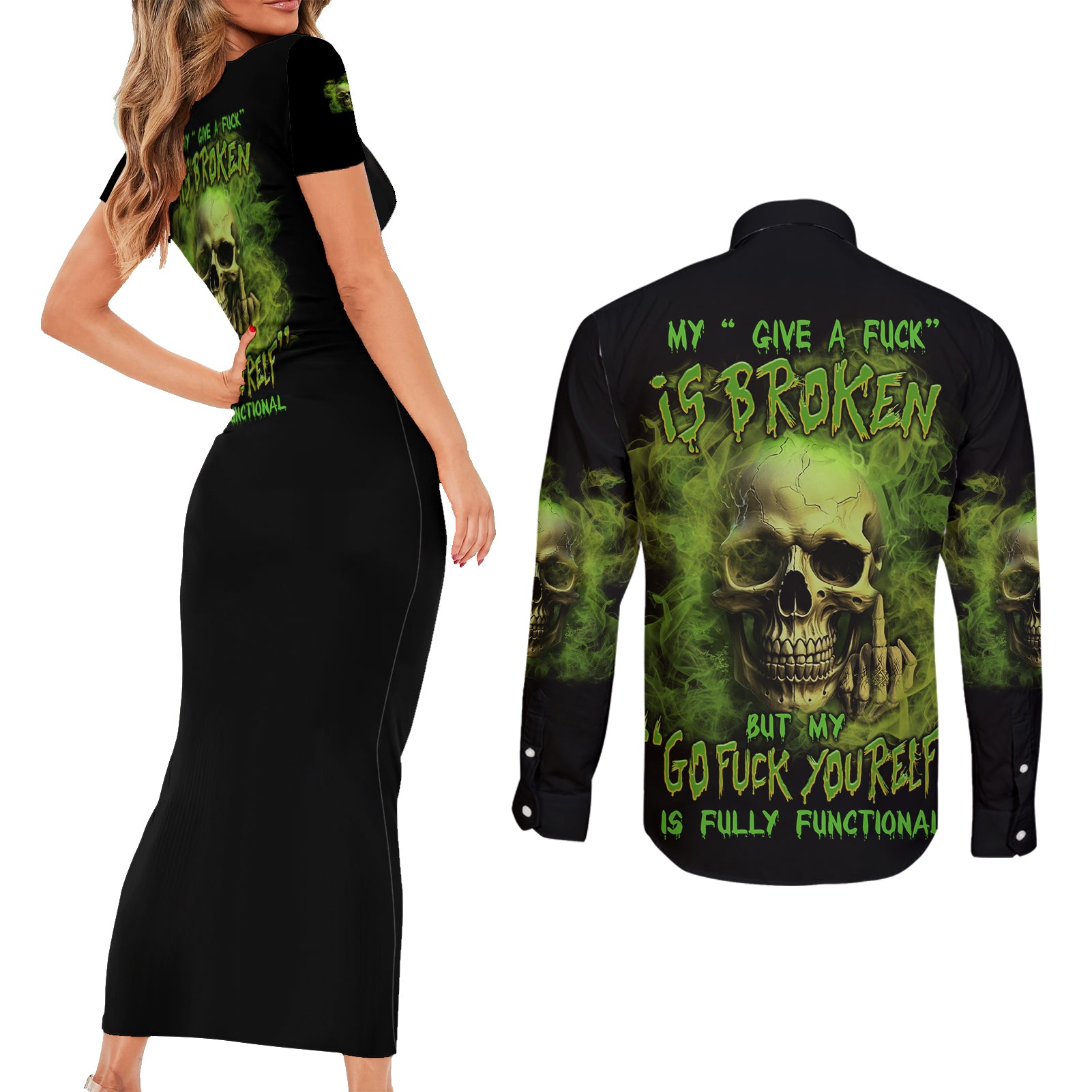 My Give A F Skull Is Broken Couples Matching Short Sleeve Bodycon Dress and Long Sleeve Button Shirt - Wonder Print Shop