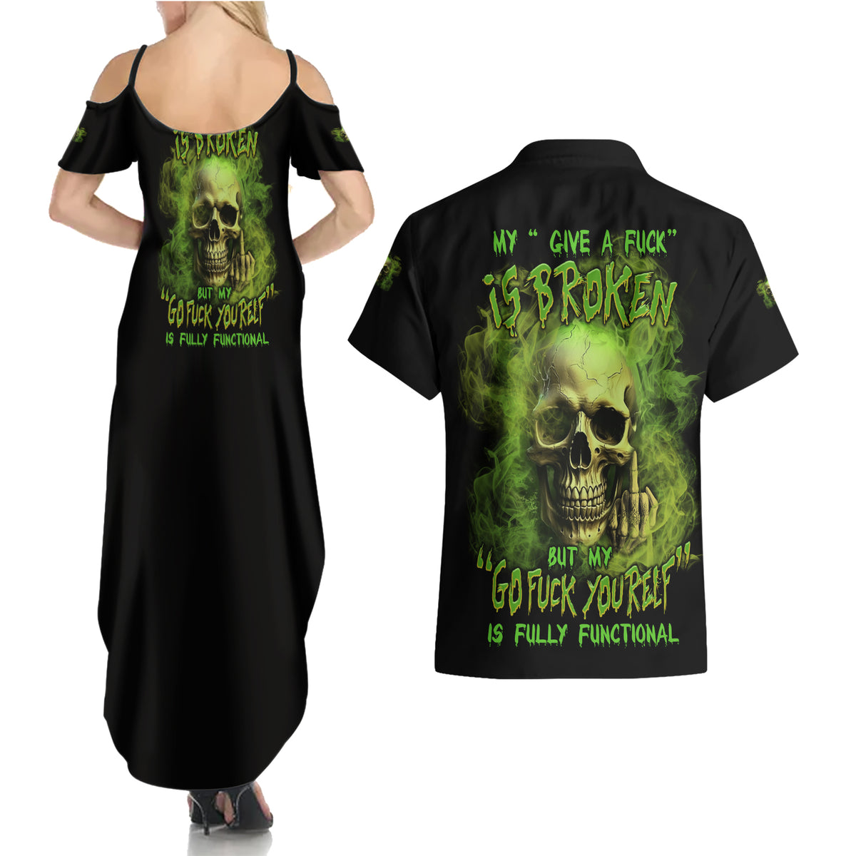 My Give A F Skull Is Broken Couples Matching Summer Maxi Dress and Hawaiian Shirt - Wonder Print Shop