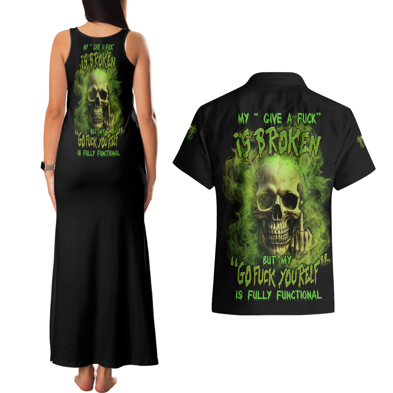 My Give A F Skull Is Broken Couples Matching Tank Maxi Dress and Hawaiian Shirt - Wonder Print Shop