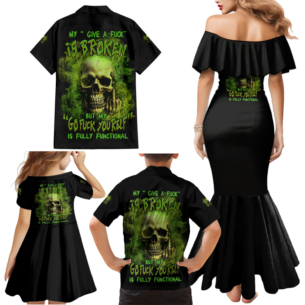 My Give A F Skull Is Broken Family Matching Mermaid Dress and Hawaiian Shirt - Wonder Print Shop