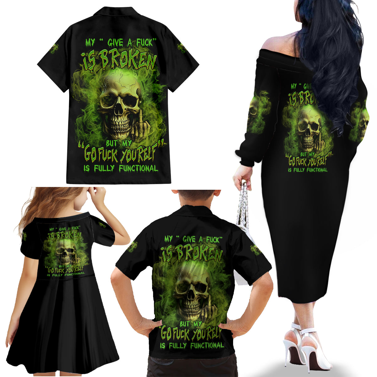 My Give A F Skull Is Broken Family Matching Off Shoulder Long Sleeve Dress and Hawaiian Shirt - Wonder Print Shop