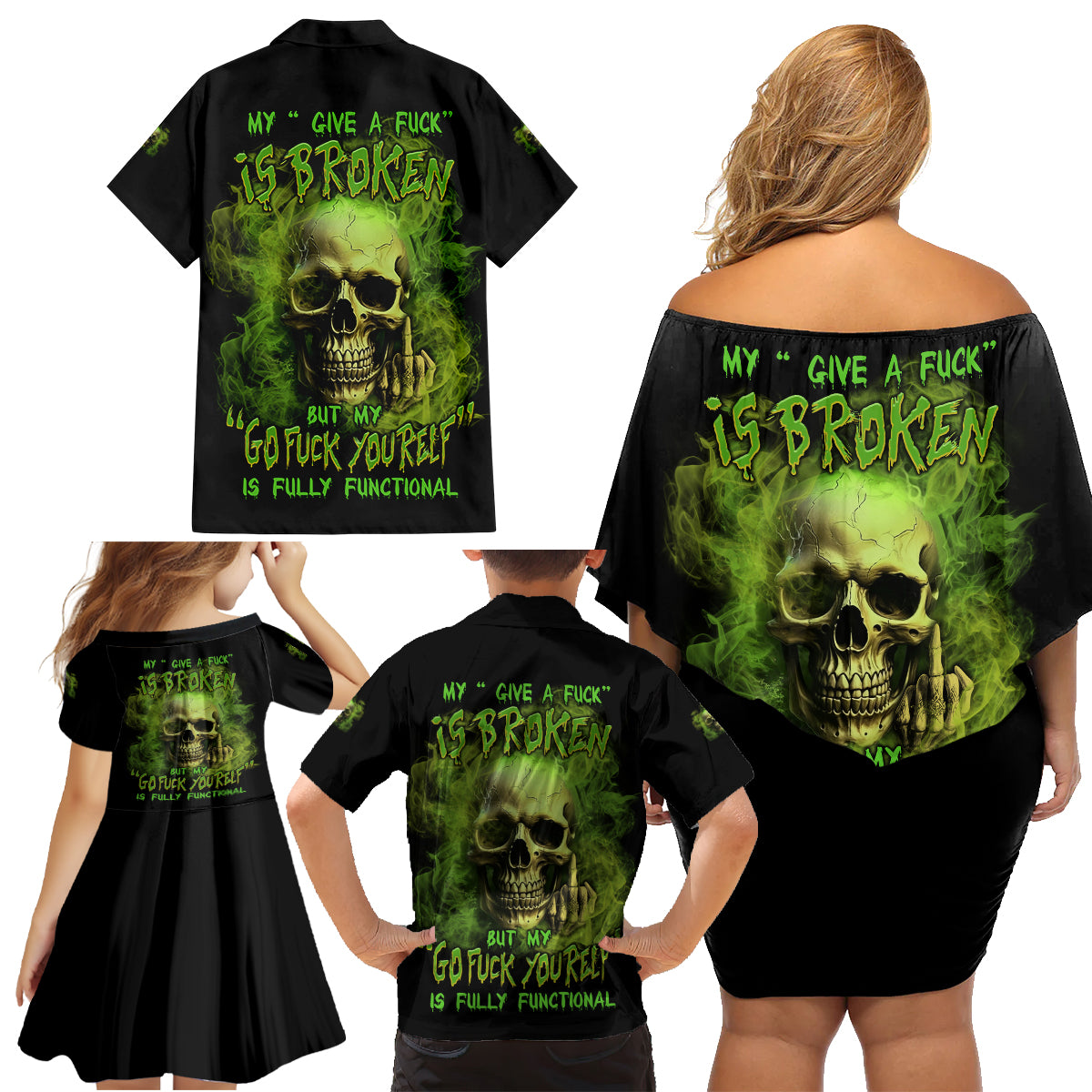 My Give A F Skull Is Broken Family Matching Off Shoulder Short Dress and Hawaiian Shirt - Wonder Print Shop