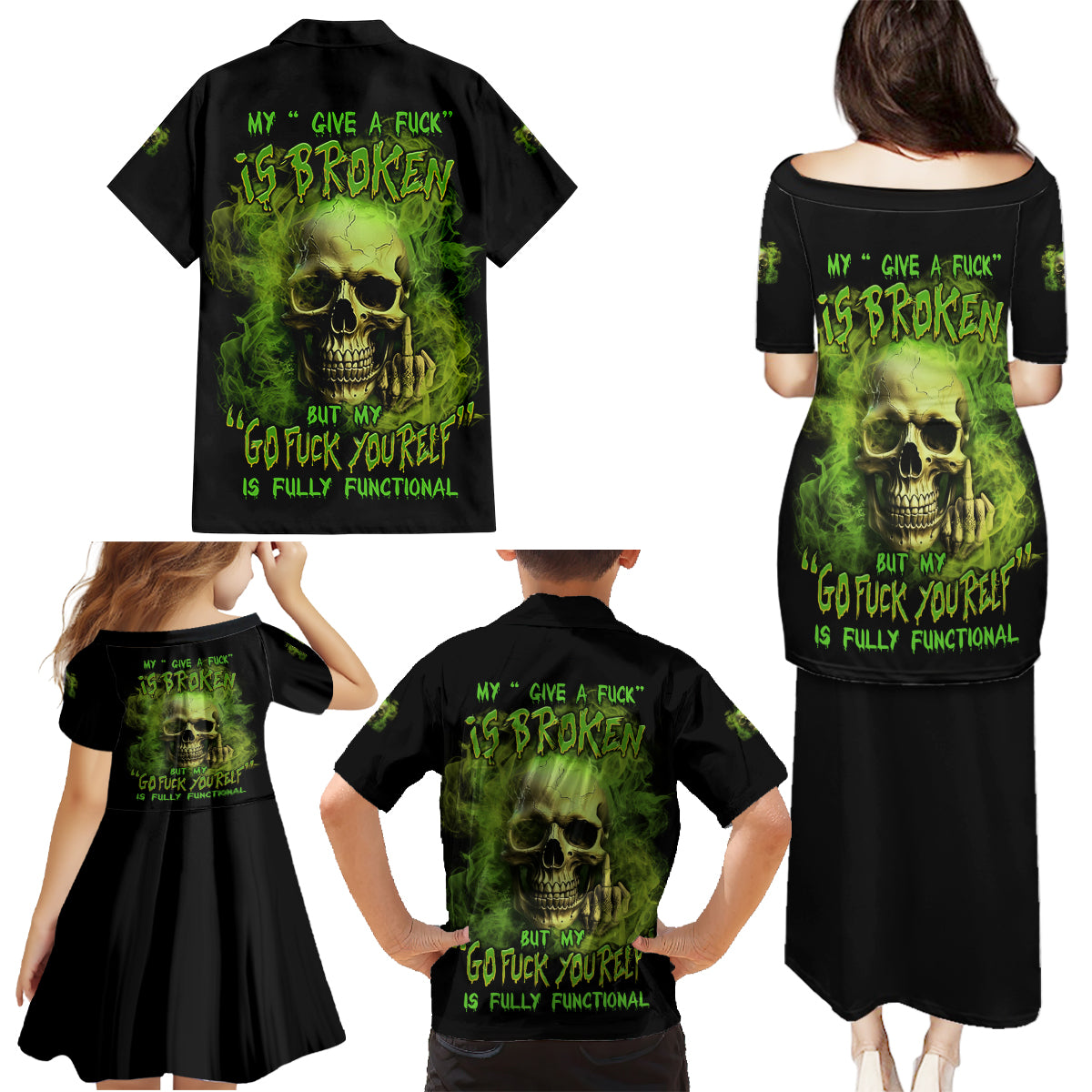 My Give A F Skull Is Broken Family Matching Puletasi Dress and Hawaiian Shirt - Wonder Print Shop