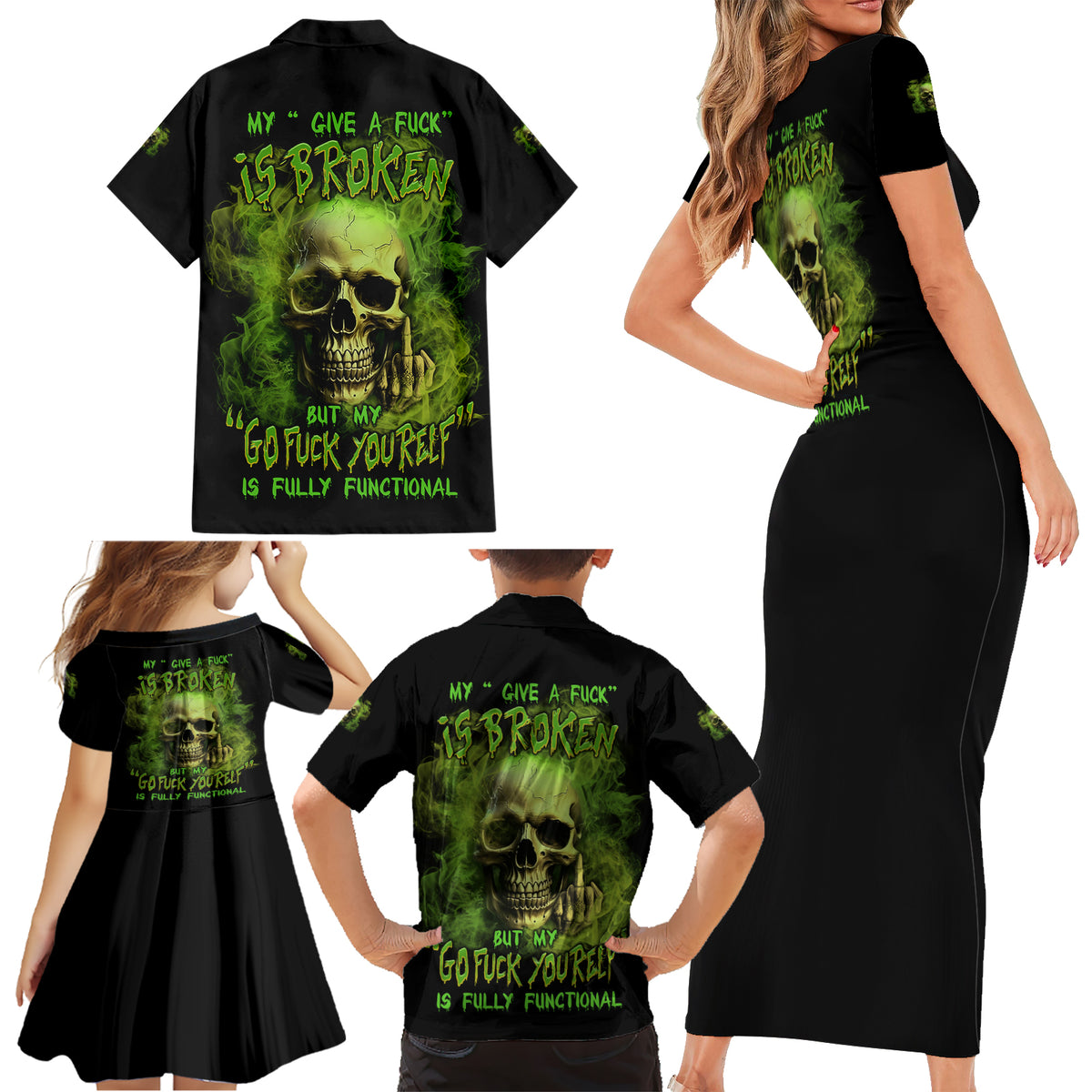 My Give A F Skull Is Broken Family Matching Short Sleeve Bodycon Dress and Hawaiian Shirt - Wonder Print Shop