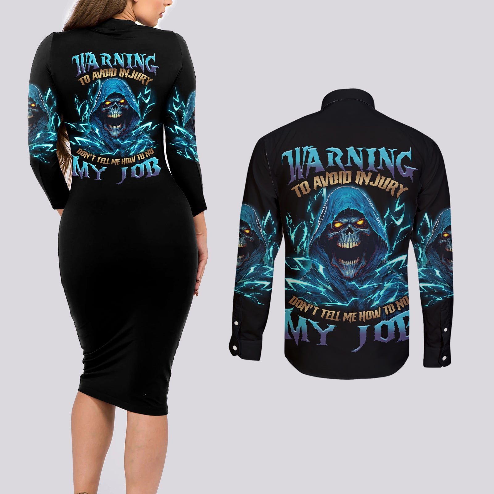 Warning To Avoid Injury Mad Reaper Skull Couples Matching Long Sleeve Bodycon Dress and Long Sleeve Button Shirt - Wonder Print Shop