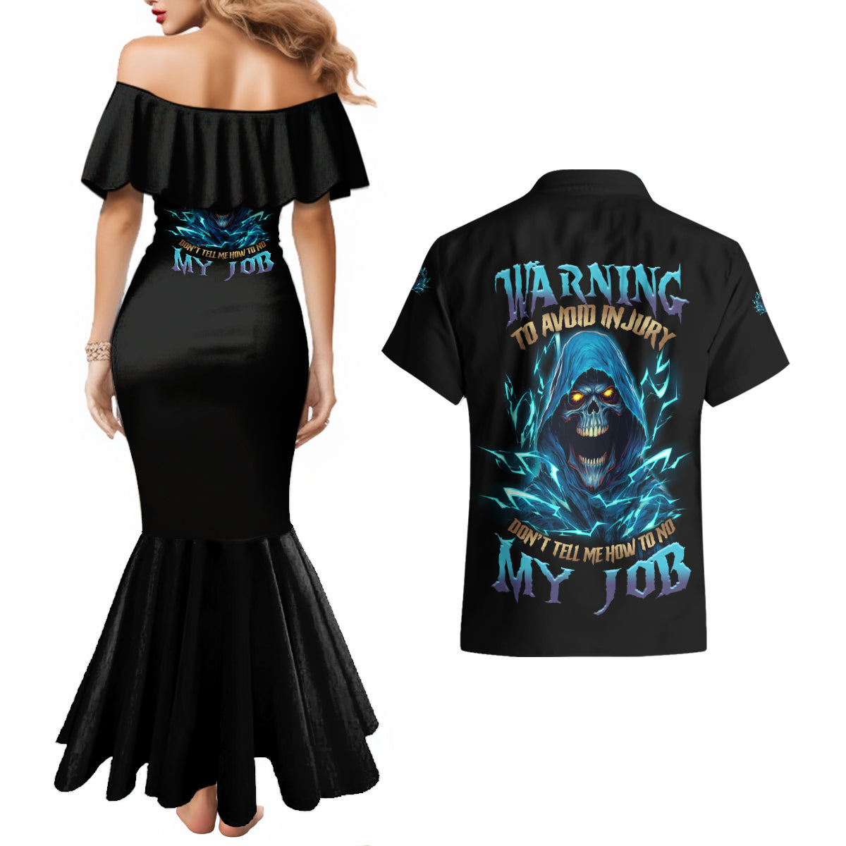 Warning To Avoid Injury Mad Reaper Skull Couples Matching Mermaid Dress and Hawaiian Shirt - Wonder Print Shop