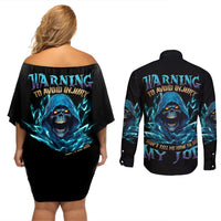 Warning To Avoid Injury Mad Reaper Skull Couples Matching Off Shoulder Short Dress and Long Sleeve Button Shirt - Wonder Print Shop