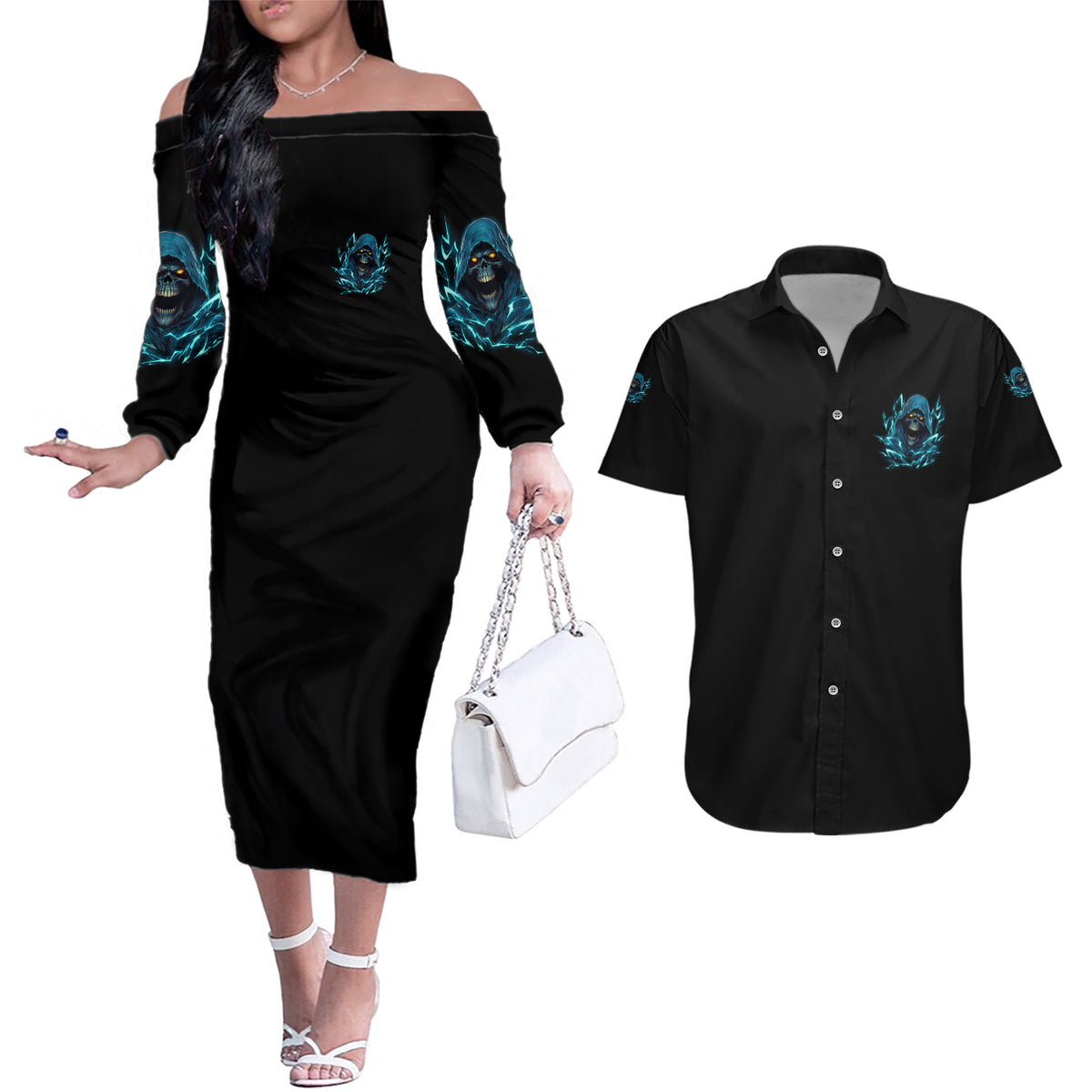 Warning To Avoid Injury Mad Reaper Skull Couples Matching Off The Shoulder Long Sleeve Dress and Hawaiian Shirt - Wonder Print Shop