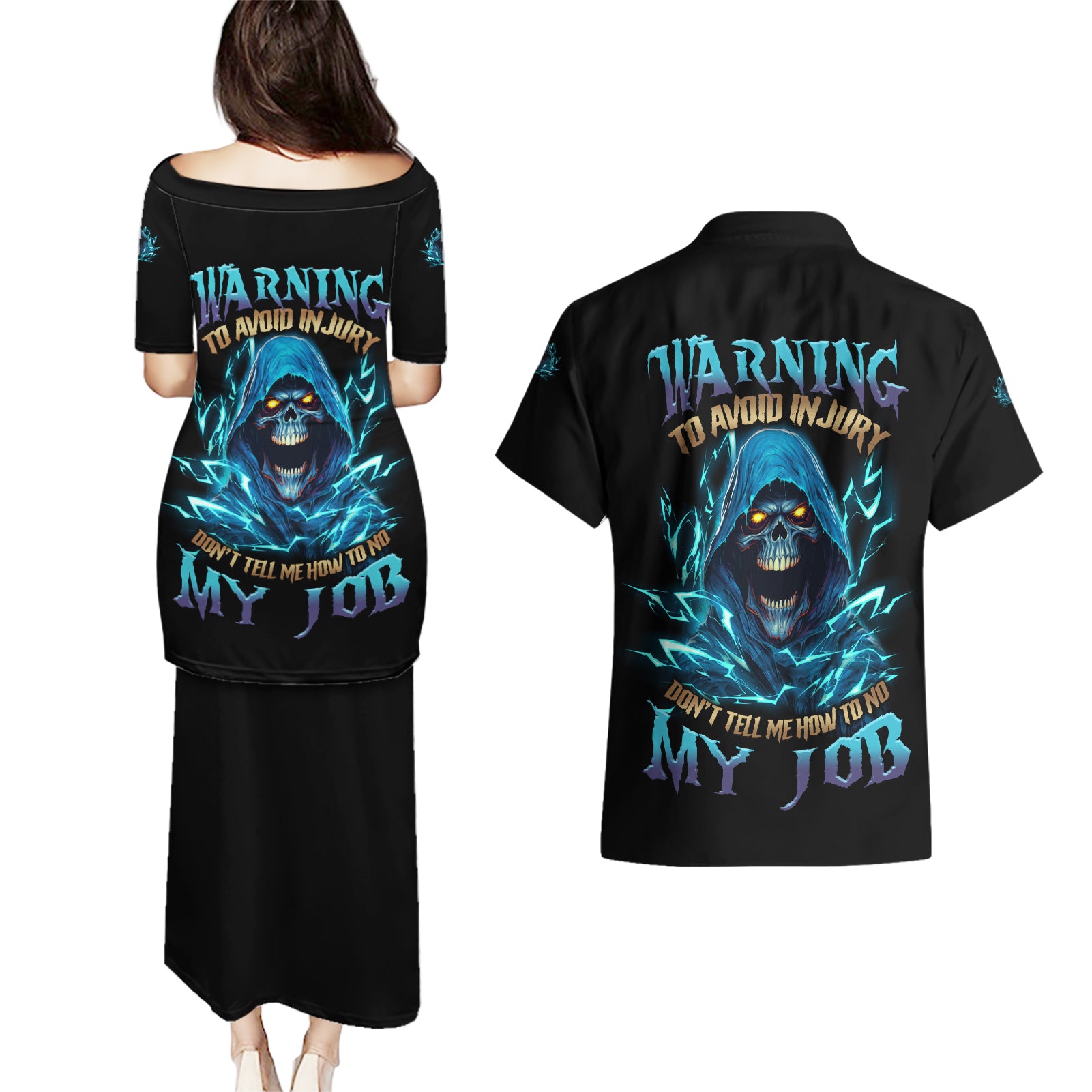 Warning To Avoid Injury Mad Reaper Skull Couples Matching Puletasi Dress and Hawaiian Shirt - Wonder Print Shop