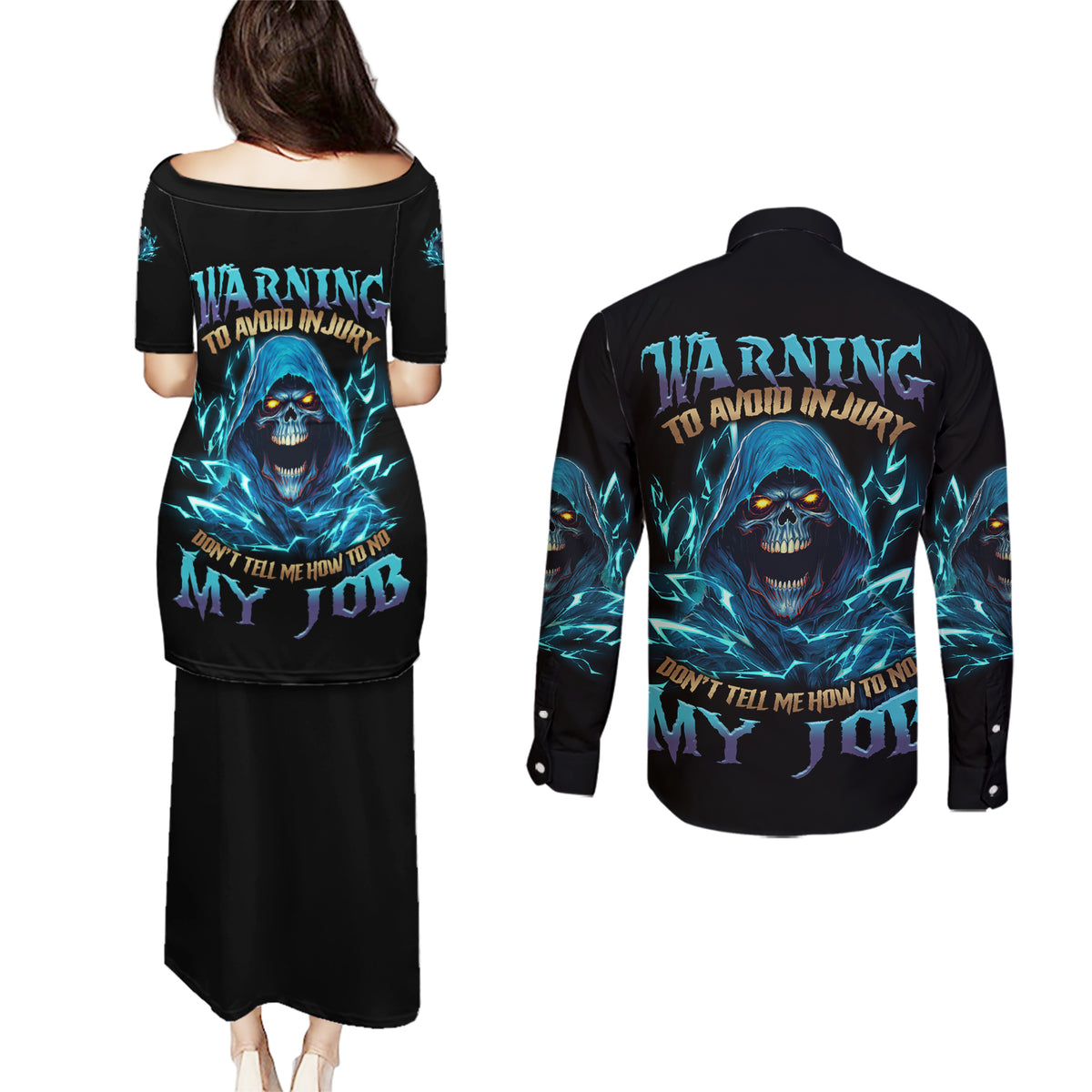 Warning To Avoid Injury Mad Reaper Skull Couples Matching Puletasi Dress and Long Sleeve Button Shirt - Wonder Print Shop