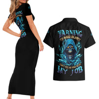 Warning To Avoid Injury Mad Reaper Skull Couples Matching Short Sleeve Bodycon Dress and Hawaiian Shirt - Wonder Print Shop