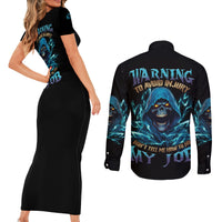 Warning To Avoid Injury Mad Reaper Skull Couples Matching Short Sleeve Bodycon Dress and Long Sleeve Button Shirt - Wonder Print Shop