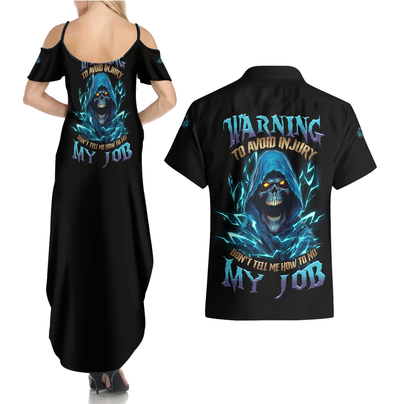 Warning To Avoid Injury Mad Reaper Skull Couples Matching Summer Maxi Dress and Hawaiian Shirt - Wonder Print Shop